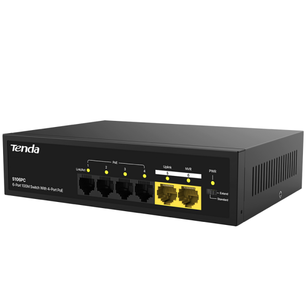Коммутатор Tenda S106PC Коммутатор неуправляемый PoE, 6 портов 5x100 Мбит/с, PoE 4х до 30 Вт, настольный