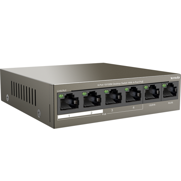 Коммутатор Tenda TEF1106P-4-63W Коммутатор неуправляемый PoE, 6 портов 6x100 Мбит/с, PoE 4х30 Вт, настольный
