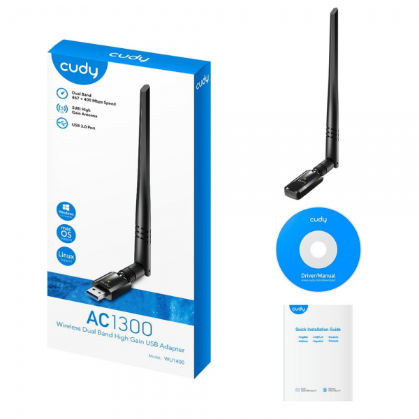 Адаптер беспроводной связи (Wi-Fi) CUDY AC1300 Wi-Fi High Gain USB 3.0 Adapter 1300Mbps High Gain Wi-Fi USB 3.0 Adapter, 802.11ac/a/b/g/n, 867Mbps at 5GHz + 400Mbps at 2.4GHz, 1 high gain detachable antenna, USB 3.0