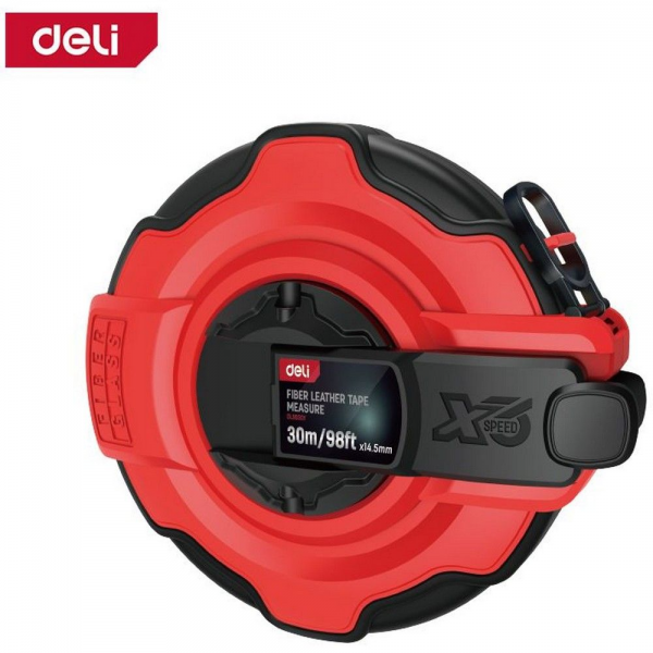 Мерная лента Deli DL9930Y 30м x 14,5мм, ударопрочный корпус с резиновыми вставками, полотно из стекловолокна и ПВХ, увеличенная скорость сматывания ленты