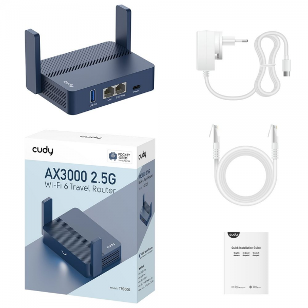 Маршрутизатор CUDY AX3000 2 5G Wi-Fi 6 Router with USB, Dual-Band, 2.5G WAN+GE LAN, 802.11ax/ac/a/b/g/n, 2402Mbps at 5GHz + 574Mbps at 2.4GHz, 1 USB3.0, MU-MIMO, DDNS, Zerotier/Wireguard/OpenVPN/IPSec/L2TP/PPTP VPN, Zerotier, DNS over Cloudflare/Google/