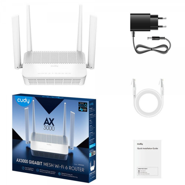 Маршрутизатор CUDY AX3000 Gigabit Wi-Fi 6 Mesh Router Dual Band, Chipset MT7981BA+MT7976CN+MT7531AE, 802.11ax/ac/a/b/g/n, 2402Mbps at 5GHz + 574Mbps at 2.4GHz, 5 x 10/100/1000Mbps Ports, 4 x 5dBi fixed antennas, WiFi router/AP/ Repeater/WISP Mode, PPTP/L2