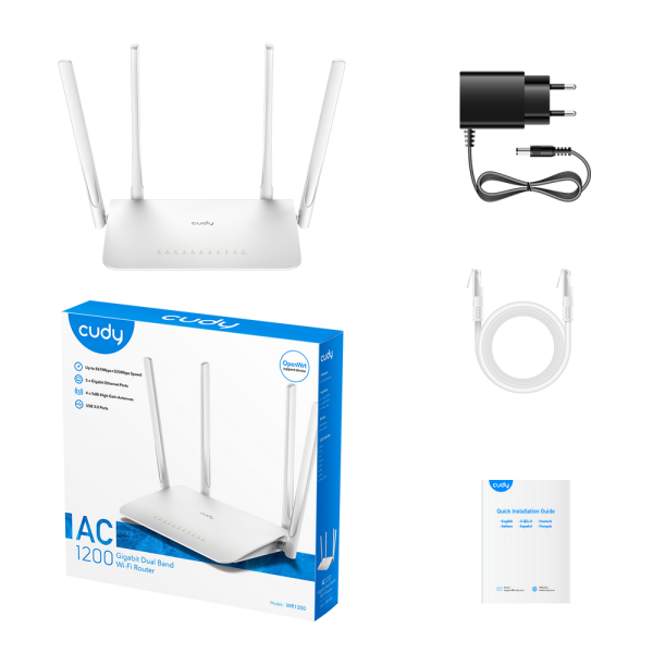 Маршрутизатор CUDY AC1200 Gigabit Wi-Fi Mesh Router Dual Band, Chipset MediaTek, 5 × 10/100/1000Mbps RJ45 Ports, 4 x 5dBi fixed antennas, WiFi router/AP/ Repeater/WISP Mode, 802.11ac/a/b/g/n, 867Mbps at 5GHz + 300Mbps at 2.4GHz, Zerotier/Wireguard/OpenVP