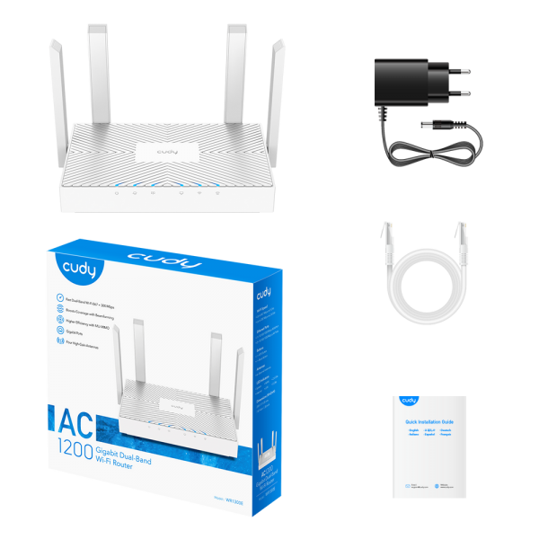 Маршрутизатор CUDY WR1300E AC1200 Gigabit Wi-Fi Router Dual Band, Chipset MediaTek, 3 × 10/100/1000Mbps RJ45 Ports, 4 x 5dBi fixed antennas, WiFi router/AP/ Repeater/WISP Mode, 802.11ac/a/b/g/n, 867Mbps at 5GHz + 300Mbps at 2.4GHz, DDNS, WiFi Schedule, I