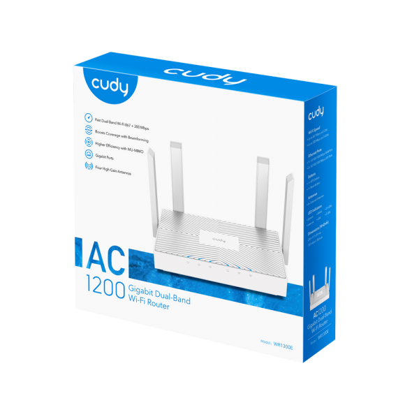 Маршрутизатор CUDY WR1300E AC1200 Gigabit Wi-Fi Router Dual Band, Chipset MediaTek, 3 × 10/100/1000Mbps RJ45 Ports, 4 x 5dBi fixed antennas, WiFi router/AP/ Repeater/WISP Mode, 802.11ac/a/b/g/n, 867Mbps at 5GHz + 300Mbps at 2.4GHz, DDNS, WiFi Schedule, I