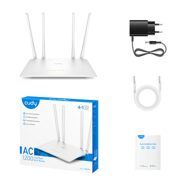 Маршрутизатор CUDY AC1200 Wi-Fi Router Dual Band, Chipset MediaTek, 802.11ac/a/b/g/n, 867Mbps at 5GHz + 300Mbps at 2.4GHz, 5 × 10/100Mbps Ports, WiFi router/AP/ Repeater/WISP Mode,4 5dBi fixed antennas, WPA3, Guest network, WPS, DDNS, VPN Client, IPv6,TR