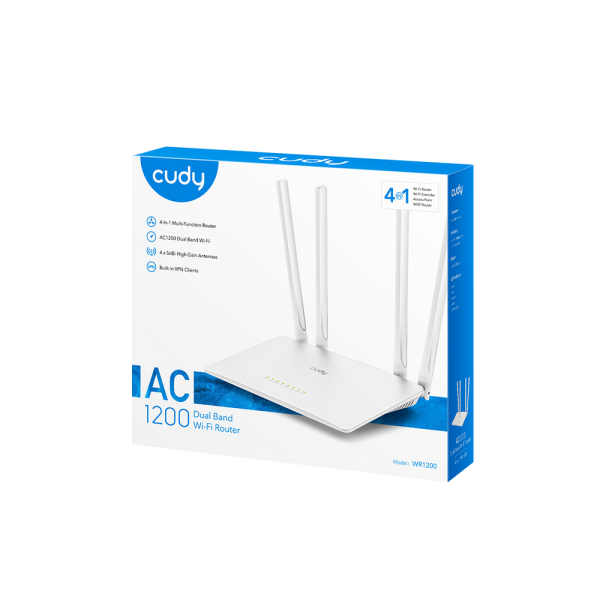 Маршрутизатор CUDY AC1200 Wi-Fi Router Dual Band, Chipset MediaTek, 802.11ac/a/b/g/n, 867Mbps at 5GHz + 300Mbps at 2.4GHz, 5 × 10/100Mbps Ports, WiFi router/AP/ Repeater/WISP Mode,4 5dBi fixed antennas, WPA3, Guest network, WPS, DDNS, VPN Client, IPv6,TR