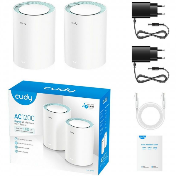 Маршрутизатор CUDY AC1200 Wi-Fi Gigabit Mesh Solution 2-Pack, Chipset MT7621+MT7613B+MT7603, Dual-Band, 867Mbps at 5GHz + 300Mbps at 2.4GHz, 802.11ac/a/b/g/n, 2 Gigabit Ethernet Ports, internal antennas,MU-MIMO, DDNS,Zerotier/Wireguard/OpenVPN/IPSec/L2T