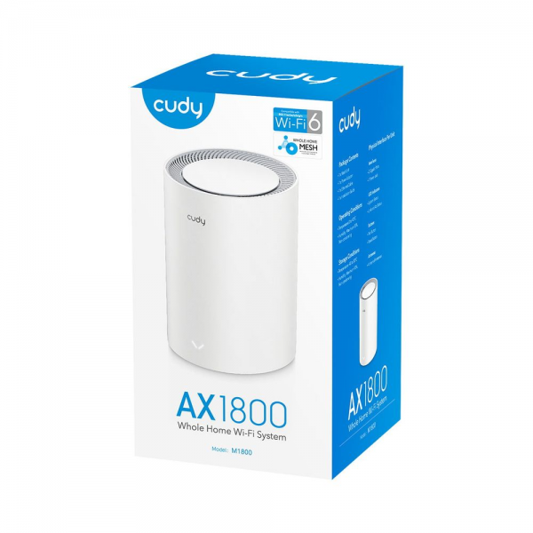 Маршрутизатор CUDY AX1800 Wi-Fi 6 Mesh Solution 1-Pack, Chipset MediaTek, Dual-Band, 802.11ax/ac/a/b/g/n, 1201Mbps at 5GHz + 574Mbps at 2.4GHz, 2 Gigabit Ethernet Ports, 4 internal antennas, MU-MIMO, DDNS, Zerotier/Wireguard/OpenVPN/IPSec/L2TP/PPTP VPN,
