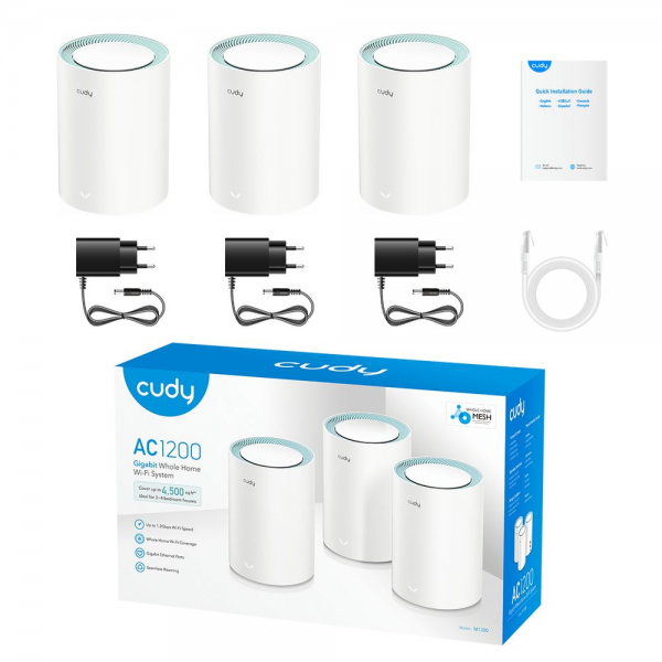 Маршрутизатор CUDY AC1200 Wi-Fi Gigabit Mesh Solution 3-Pack, Chipset MT7621+MT7613B+MT7603, Dual-Band, 867Mbps at 5GHz + 300Mbps at 2.4GHz, 802.11ac/a/b/g/n, 2 Gigabit Ethernet Ports, 4 internal antennas, MU-MIMO, DDNS, Zerotier/Wireguard/OpenVPN/IPSec/L