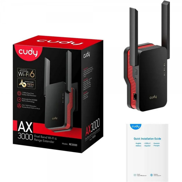 Маршрутизатор CUDY AX3000 WiFi 6 Mesh Repeater , AP mode, Chipset MediaTek, Cudy Mesh Support, 2402Mbps at 5GHz + 574Mbps at 2.4GHz, 802.11ax/ac/a/b/g/n, 1 Gigabit Ethernet Port, WPS button, Intelligent Signal Light, WPA3, LED control