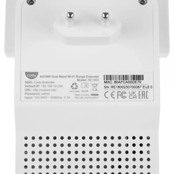 Маршрутизатор CUDY AX1800 Wi-Fi 6 Mesh Repeater, AP mode, Chipset MediaTek, Cudy Mesh Support, 1201Mbps at 5GHz + 574Mbps at 2.4GHz, 802.11ax/ac/a/b/g/n, 1 Gigabit ethernet Port, WPS button, Intelligent Signal Light, WPA3, LED control