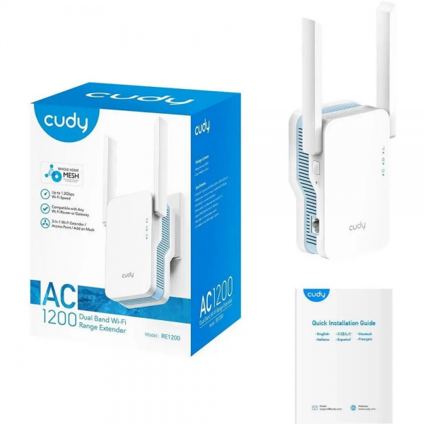 Усилитель CUDY RE1200 AC1200 Wi-Fi Mesh Repeater, AP mode, Chipset MediaTek, Cudy Mesh Support, 867Mbps at 5GHz + 300Mbps at 2.4GHz, 802.11ac/a/b/g/n, 1 10/100Mbps Port, WPS button, Intelligent Signal Light, Access Control, LED control, Cudy APP