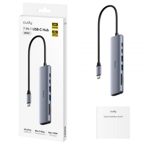 Концентратор CUDY UH407 7-IN-1 USB C Hub with 4K HDMI 7-IN-1 USB Hub, Aluminium housing, 1 USB-C 3.0 5Gbps male connecter with 25cm cable, 1x 4K@60Hz HDMI Port, 1x 100W USB-C port for PD Charging, 2 USB-A 3.0 5Gbps Data Port, 1 USB-C 3.0 5Gbps Data Port