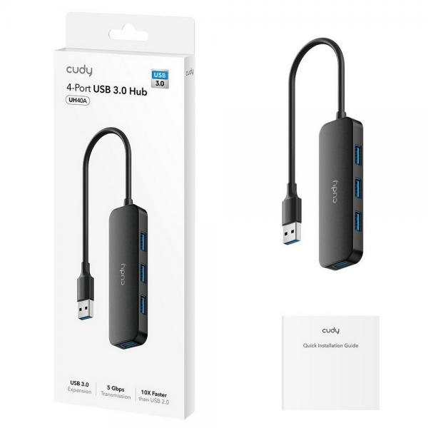 Концентратор CUDY UH40A 4-Port USB-A 3 0 Hub USB-A to 4-Port USB-A 3.0 Hub, Plastic housing, 1 USB-A 3.0 5Gbps male connecter with 20cm cable, 4 USB-A 3.0 5Gbps Ports, compatible with MacBook, Mac Pro, Mac mini, iMac, Surface Pro, XPS, PC, Flash Drive,