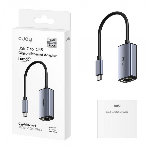 Концентратор CUDY USB-C to Ethernet Adapter Aluminum Portable USB-C to Gigabit Ethernet Adapter, Compatible with Laptop, MacBook, Surface, PC with Windows, XP, Mac/Linux and more