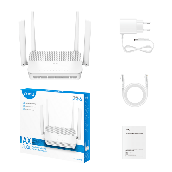 Маршрутизатор CUDY GP3000 AX3000 Wi-Fi 6 GPON Router Dual Band Gigabit xPON, Realtek chipset, GPON/EPON, 2402Mbps at 5GHz + 576Mbps at 2.4GHz, 802.11ax/ac/a/b/g/n, 1 PON Port, 4 Gigabit RJ45 port, Power ON/OFF Button,WPS Button,WiFi Button, Reset butto
