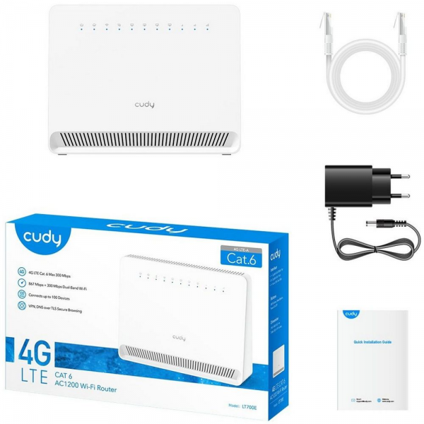 Модем CUDY AC1200 Wi-Fi 4G LTE-Cat6 Gigabit Router, 4 10/100/1000M RJ45 Ports, Nano SIM Slot, Quectel module inside,build-in 4G LTE modem, 300Mbps at 2.4GHz + 867Mbps at 5GHz, Internal Antennas, PPTP/L2TP/OpenVPN/WireGuard VPN, DNS over Cloudflare/Googl