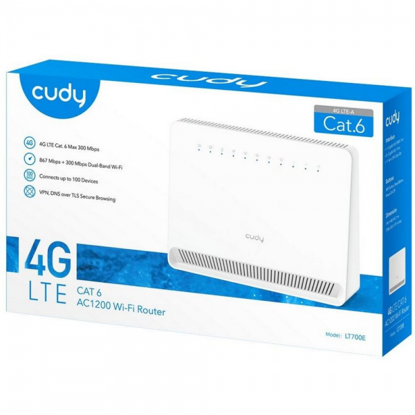 Модем CUDY AC1200 Wi-Fi 4G LTE-Cat6 Gigabit Router, 4 10/100/1000M RJ45 Ports, Nano SIM Slot, Quectel module inside,build-in 4G LTE modem, 300Mbps at 2.4GHz + 867Mbps at 5GHz, Internal Antennas, PPTP/L2TP/OpenVPN/WireGuard VPN, DNS over Cloudflare/Googl