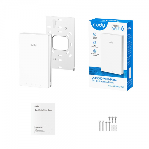 Точка доступа Wi-Fi CUDY AX3000 Gigabit Wall-Plate Wi-Fi 6 Access Point AX3000 Dual Band Wi-Fi 6 Wall Plate Access Point, Chipset MT7981+MT7531AE+MT7976CN, 802.11ax/ac/a/b/g/n, 2402Mbps at 5GHz + 574Mbps at 2.4GHz, 1 x Gigabit PoE-IN Port, 802.3af / at, 4