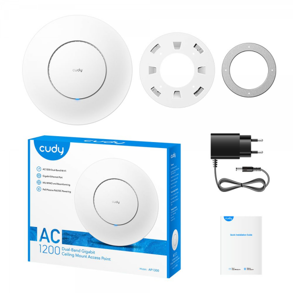 Точка доступа Wi-Fi CUDY AC1200 Wi-Fi Gigabit Access Point AC1200 Dual Band Gigabit Ceiling Mount Access Point, MT7621DAN+MT7613B+MT7603E, 867Mbps at 5GHz + 300Mbps at 2.4GHz, 1 x GbE RJ45 Port, Support 12V DC or 802.3af PoE or Passive PoE, Internal An