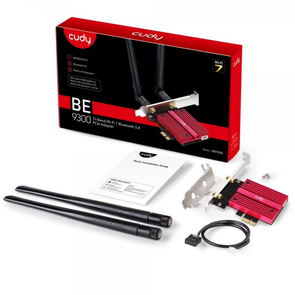 Адаптер беспроводной связи (Wi-Fi) CUDY BE9300 PCI Express Adapter Bluetooth 5.4 PCI Express Adapter with Heatsink, Intel BE200 module, Tri-band 2T2R, Magnetized antenna base, 2 high gain detachable antennas