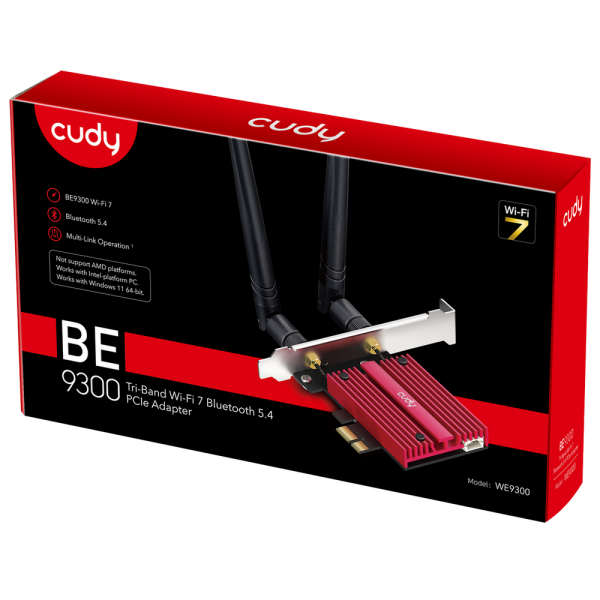Адаптер беспроводной связи (Wi-Fi) CUDY BE9300 PCI Express Adapter Bluetooth 5.4 PCI Express Adapter with Heatsink, Intel BE200 module, Tri-band 2T2R, Magnetized antenna base, 2 high gain detachable antennas