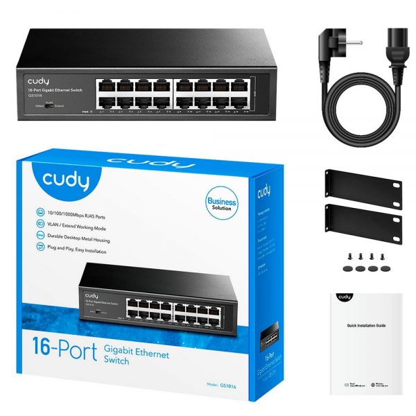 Коммутатор CUDY 16-Port Gigabit Metal Switch 16-Port Gigabit Switch, 16 Gigabit RJ45 Ports, IGMP Snooping, Loop Detection/Prevention, 802.1p/DSCP QoS, Switch/VLAN/Extend working mode DIP switch, Rack-mountable Steel Case, Power Saving, Plug & Play, Rack-M