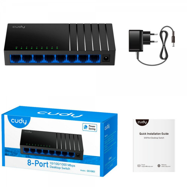 Коммутатор CUDY 8-Port Gigabit Desktop Switch 5-Port Gigabit Desktop Switch, 5 10/100/1000M RJ45 Ports, Loop Detection, Desktop Plastic Case, Power Saving, Plug & Play, Wall-Mount