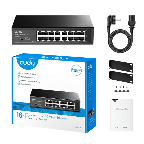 Коммутатор CUDY 16-Port 10/100 Mbps Metal Switch 16-Port 10/100 Mbps Switch, 16 10/100 Mbps RJ45 Ports, Switch/VLAN/Extend working mode DIP switch, Rack-mountable Steel Case, Power Saving, Plug & Play, Rack-Mount kits included