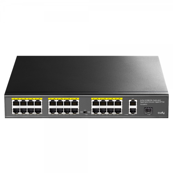 Коммутатор CUDY 24-Port 10/100M PoE+ Switch with 2 Gigabit Port+ 1SFP 300W 24-Port 10/100M PSE RJ-45 +2 Gigabit RJ- 45 +1SFP Port with 24 POE Ports Switch with Built-in power supply, support 16-port IEEE 802.3at PoE+ Injector, Rack-mountable Steel case, 3