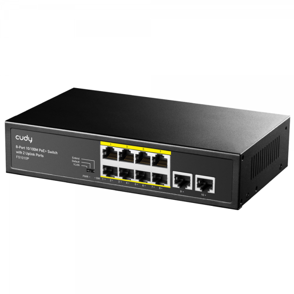 Коммутатор CUDY FS1010P 8-Port 10/100M PoE+ Switch with 2 Uplink Ports 120W 8-Port 10/100M PSE RJ-45 +2 RJ45 10/100M Uplink Port Unmanaged PoE+ Switch 120W, CCTV/VLAN mode support, long distance:250M at CCTV mode. 802.3af/at standard, Support PD Ali
