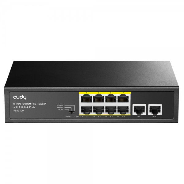 Коммутатор CUDY FS1010P 8-Port 10/100M PoE+ Switch with 2 Uplink Ports 120W 8-Port 10/100M PSE RJ-45 +2 RJ45 10/100M Uplink Port Unmanaged PoE+ Switch 120W, CCTV/VLAN mode support, long distance:250M at CCTV mode. 802.3af/at standard, Support PD Ali