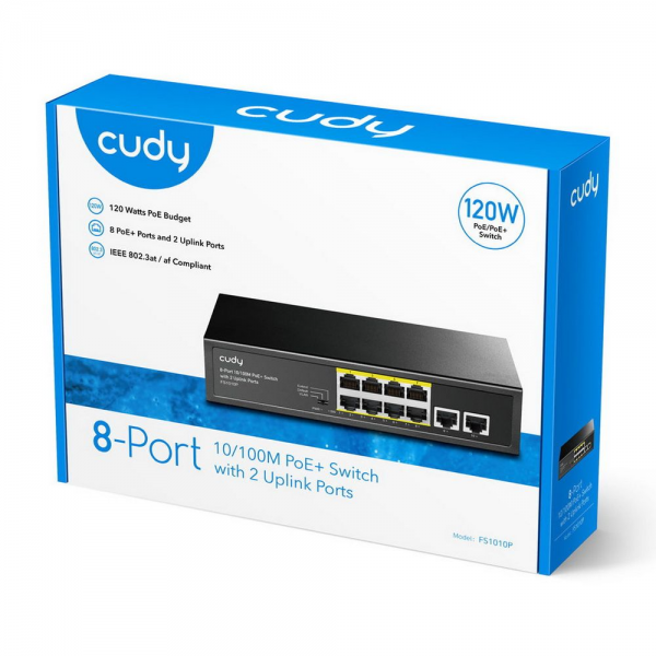 Коммутатор CUDY FS1010P 8-Port 10/100M PoE+ Switch with 2 Uplink Ports 120W 8-Port 10/100M PSE RJ-45 +2 RJ45 10/100M Uplink Port Unmanaged PoE+ Switch 120W, CCTV/VLAN mode support, long distance:250M at CCTV mode. 802.3af/at standard, Support PD Ali