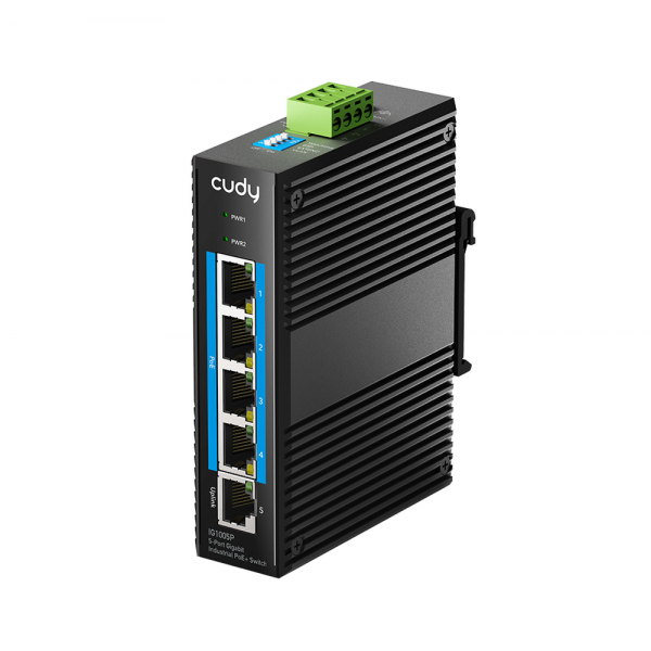 Коммутатор CUDY 5-Port Gigabit Industrial PoE Switch 5-Port Aluminum Industrial, 1000Mbps 5-Port RJ45, 802.3at/af, Din-rail design, Power supply: DC12~52V work temperature:-40 °C-80°C, Power Adapter Not Included