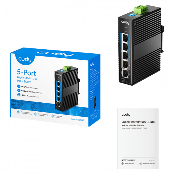 Коммутатор CUDY 5-Port Gigabit Industrial PoE Switch 5-Port Aluminum Industrial, 1000Mbps 5-Port RJ45, 802.3at/af, Din-rail design, Power supply: DC12~52V work temperature:-40 °C-80°C, Power Adapter Not Included