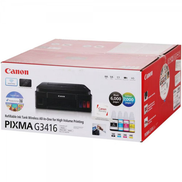 МФУ струйное Canon Pixma G3416, A4, цветная печать, 5 стр/мин, 4800x1200 dpi, USB/WiFi/СНПЧ, чёрный корпус (2315C052AB)