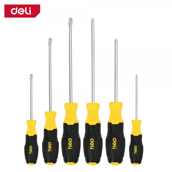Набор отверток Deli DL630006N 6шт SL5x75 + SL5x100 + SL6x150 + PH1x75 + PH1x100 + PH2x150 сталь Cr-V, двухкомпонентная прорезиненная рукоять