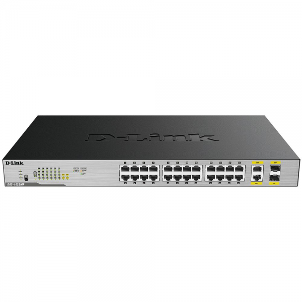 Коммутатор D-Link DGS-1026MP/B2A Неуправляемый коммутатор с 24 портами 10/100/1000Base-T, 2 комбо-портами 100/1000Base-T/SFP (24 порта PoE 802.3af/at, PoE-бюджет 370 Вт)