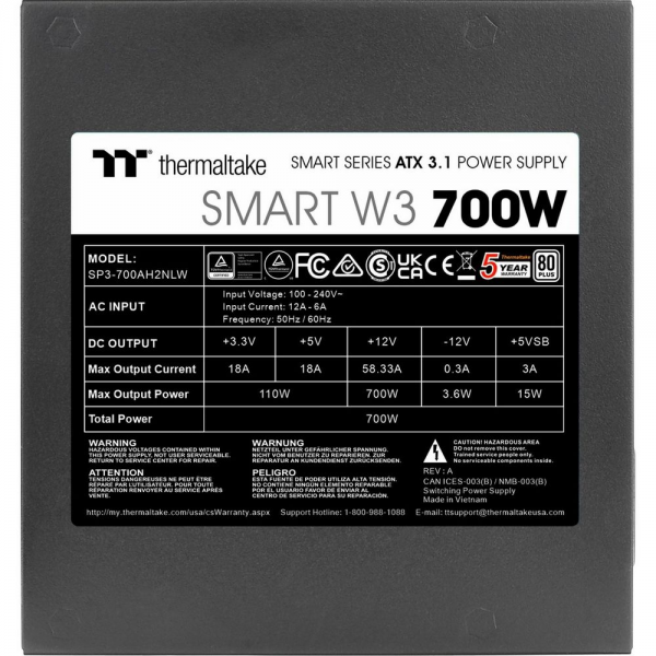 Блок питания ПК Thermaltake Smart W3 700 /0700W/Non Modular/Non Light/Full Range/Analog/80 Plus/EU/Non JP CAP/All Flat Cables/ATX 3.1