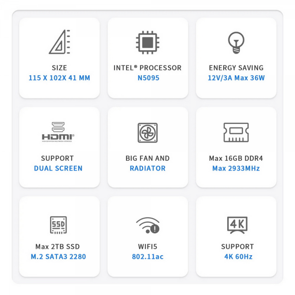Мини-компьютер Beelink MINI S, CPU: Intel® Celeron® N5095 Processor , 4C/4T , GPU : Intel® UHD Graphics , 8GB DDR4 RAM  128GB SSD , Wi-Fi 5 ; Bluetooth 5.0; LAN 1000M