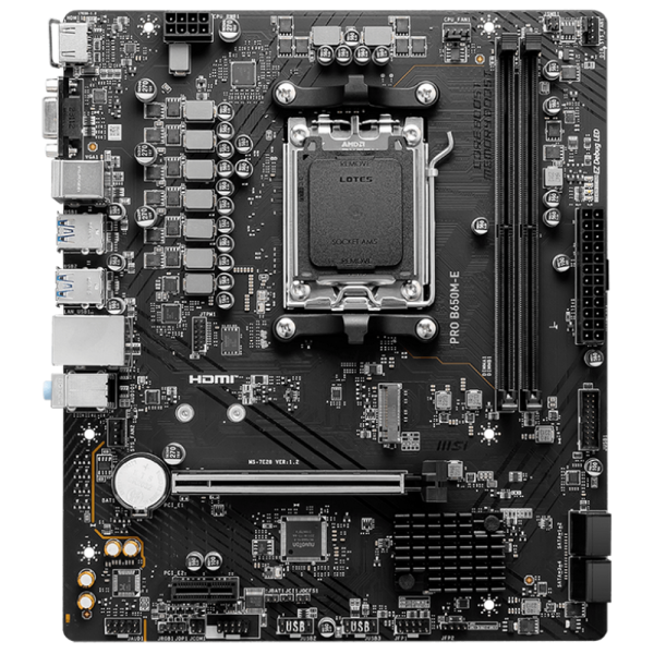 Материнская плата MSI PRO B650M-E B650, AM5, 2*DDR5, 1*PCIEx16, 1*PCIEx1, 1*M.2, 6*USB3.2Gen1, 6*USB2.0, 4*SATA3.0, 1G, VGA, HDMI, M-ATX, RTL
