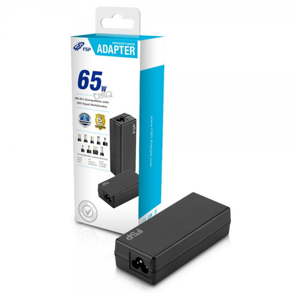 Адаптер питания FSP NB PRO 65 (FSP065-RBBN3) AC-DC 65W Adapter, Вход C6 (для ноутбучного кабеля), Кабель 1500мм, Выход 19V, в комплекте 9 переходников. RETAIL