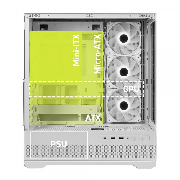 Корпус для ПК MSI MAG PANO 110R PZ WHITE, Global, 2xUSB 3.2 Gen 1, 1xUSB 3.2 Gen2 Type-C,3x120mm ARGB Reverse Blade F