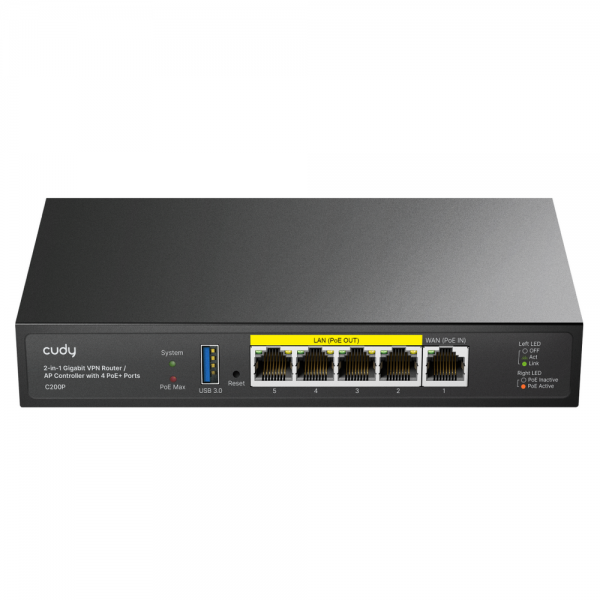 Маршрутизатор CUDY C200P 2-IN-1 SMB Router / AP Controller, 1 Gigabit Ethernet + 4 Gigabit PoE+ PSE Ports + 1 USB 3.0, PSE output up to 30Watts per port, support AP Management, Multi-SSID, Captive Portal, Zerotier/Wireguard/OpenVPN/IPSec/L2TP/PPTP VPN, DN