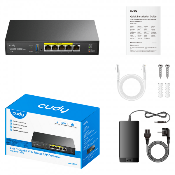 Маршрутизатор CUDY C200P 2-IN-1 SMB Router / AP Controller, 1 Gigabit Ethernet + 4 Gigabit PoE+ PSE Ports + 1 USB 3.0, PSE output up to 30Watts per port, support AP Management, Multi-SSID, Captive Portal, Zerotier/Wireguard/OpenVPN/IPSec/L2TP/PPTP VPN, DN