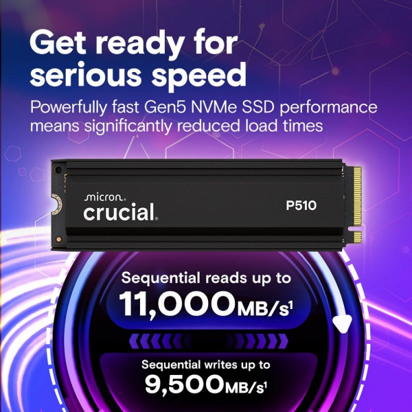 Твердотельный накопитель SSD Crucial P510 1TB PCIe Gen5 NVMe 2280 M.2 SSD with heatsink CT1000P510SSD5