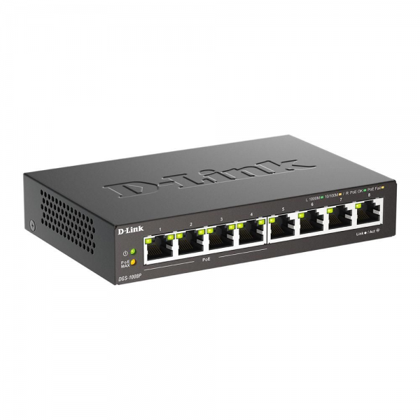 Коммутатор D-Link DGS-1008P/F3A PoE-коммутатор, 8x1000Base-T (4x1000Base-T PoE), PoE-бюджет 60 Вт, корпус металл