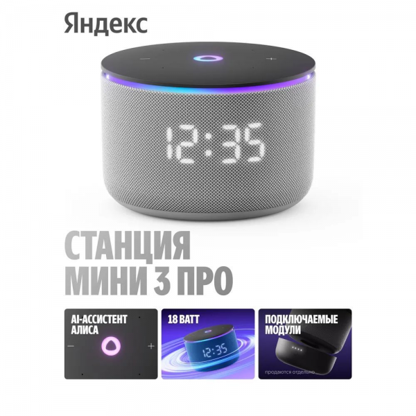 Умная колонка Яндекс Станция Мини 3 Про с Алисой, Zigbee, серый ( YNDX00059GRY)