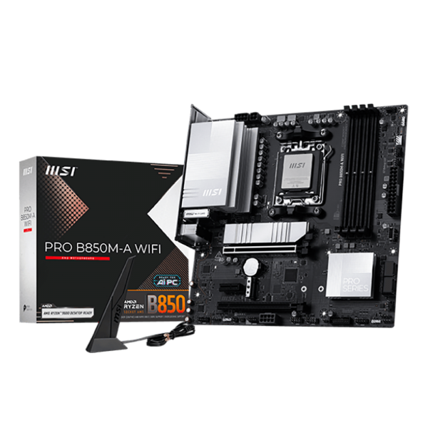 Материнская плата MSI PRO B850M-A WIFI B850, AM5, 4*DDR5, 2*PCIEx16, 1*PCIEx1, 2*M.2, 3*TypeC, 3*USB3.2Gen2, 5*USB3.2Gen1, 4*USB2.0, 4*SATA3.0, 5G, DP, HDMI, M-ATX, RTL
